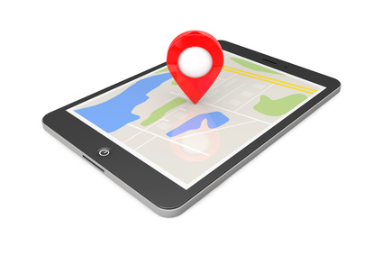 Navigation via Tablet PC. Location Pointer on Tablet PC with Map on a white background. 3d Rendering