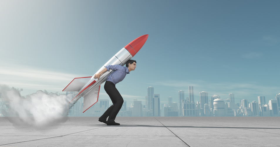 Business man holding jet pack rocket above the city concept. This is a 3d render illustration